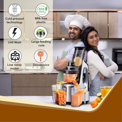 AGARO Imperial Cold Press Juicer for Home, Professional Slow Juicer Machine, 240 Watts Powerful Motor, 3 Strainers, All-in-1 Fruit, Vegetable Juice & Nut Milks, Grey/Black - Image 2