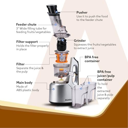 AGARO Imperial Cold Press Juicer for Home, Professional Slow Juicer Machine, 240 Watts Powerful Motor, 3 Strainers, All-in-1 Fruit, Vegetable Juice & Nut Milks, Grey/Black - Image 3