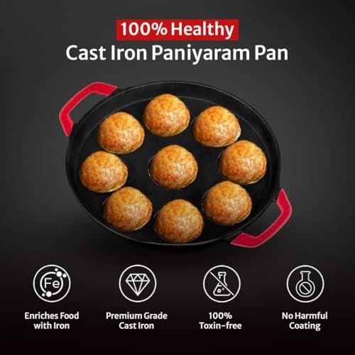Pigeon Imperi Cast Iron Paniyaram/Appe Pan, 9 Pits, Free Silicone Grips, Pre-Seasoned,100% Toxin-Free, Naturally Nonstick, Paniyarakkal, Appam Patra, Paddu Maker,Strong & Durable, Gas & Induction - Image 3