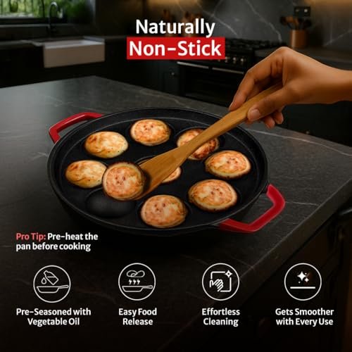 Pigeon Imperi Cast Iron Paniyaram/Appe Pan, 9 Pits, Free Silicone Grips, Pre-Seasoned,100% Toxin-Free, Naturally Nonstick, Paniyarakkal, Appam Patra, Paddu Maker,Strong & Durable, Gas & Induction - Image 4