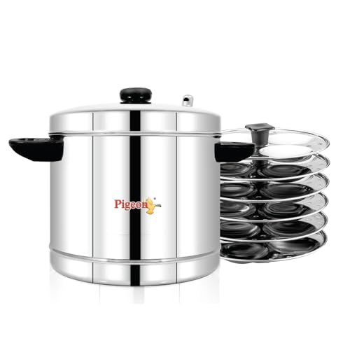 Pigeon Classic Stainless Steel Idli Cooker with Whistle Indicator | Idly Cooker Pot | Steel Idli Maker with Silver Lid - 6 Plates (for 24 Idlies) - Image 2