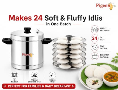 Pigeon Classic Stainless Steel Idli Cooker with Whistle Indicator | Idly Cooker Pot | Steel Idli Maker with Silver Lid - 6 Plates (for 24 Idlies) - Image 4