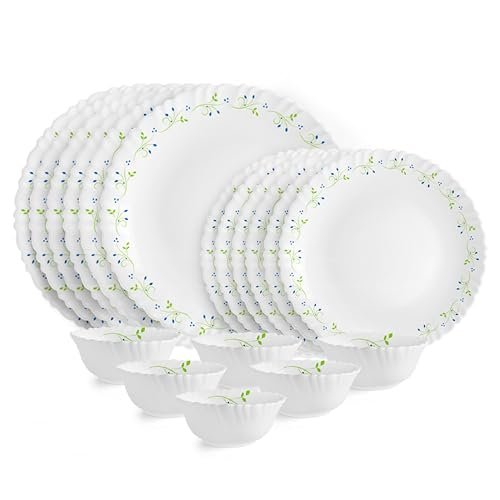 CELLO Tropical Lagoon Dazzle Series Opalware Dinner Set of 18 Pieces For Family of 6 | Bone-Ash Free & Leadfree Opal Glass, Microwave & Dishwasher Safe Plates & Bowls Crockery Set For Dining & Gifting