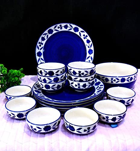 Ceramic Dinner Set - Set of 19 Pieces | 6 Dinner Plates+12 Bowls+1 Serving Bowl | Hand-Made Blue Legend | Lead and Cadmium Free, 100% Food Grade (4)