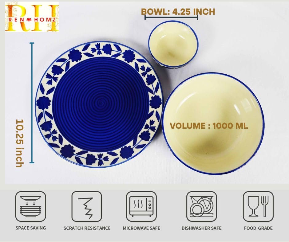 Ceramic Dinner Set - Set of 19 Pieces | 6 Dinner Plates+12 Bowls+1 Serving Bowl | Hand-Made Blue Legend | Lead and Cadmium Free, 100% Food Grade (4) - Image 2