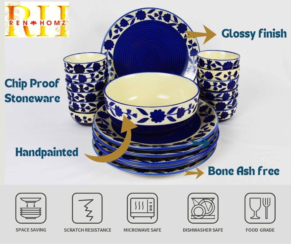 Ceramic Dinner Set - Set of 19 Pieces | 6 Dinner Plates+12 Bowls+1 Serving Bowl | Hand-Made Blue Legend | Lead and Cadmium Free, 100% Food Grade (4) - Image 4