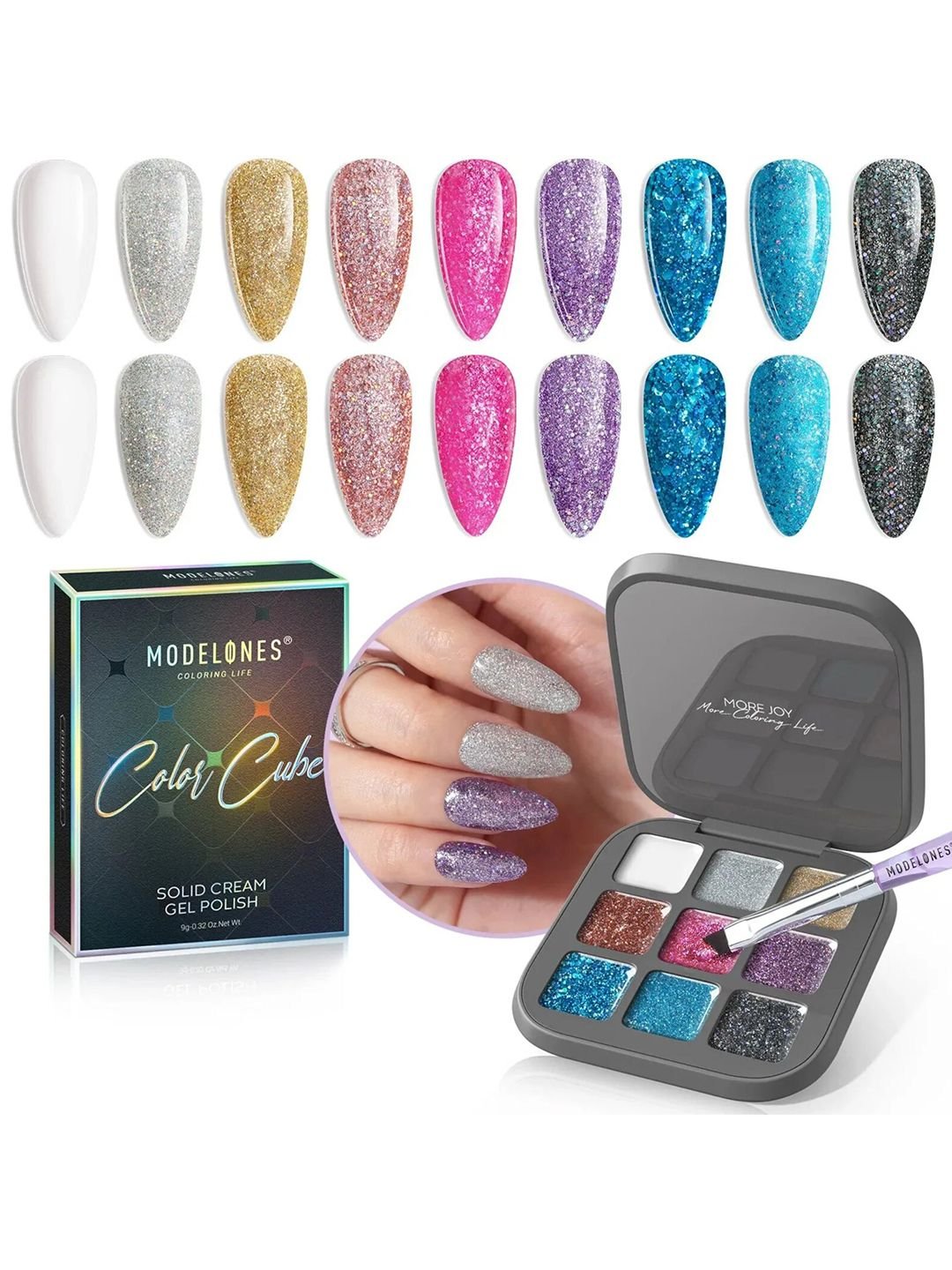 Modelones 9 Shades Color Cube Solid Cream UV Gel Nail Polish Palette 9g - Sparkle Party