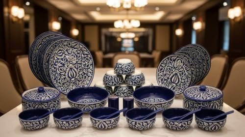 Caffeine Ceramic Handmade Blue Mughal Dinner Set (37 Pieces - Microwave & Dishwasher Safe)