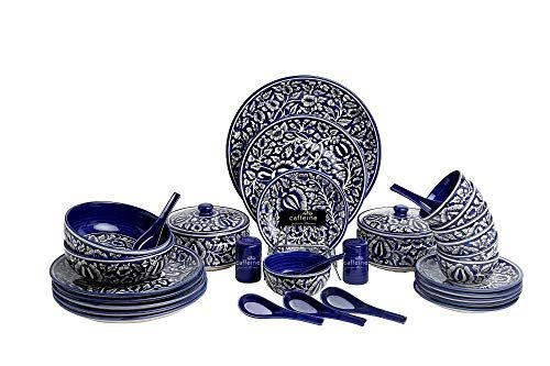 Caffeine Ceramic Handmade Blue Mughal Dinner Set (37 Pieces - Microwave & Dishwasher Safe) - Image 2