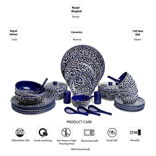 Caffeine Ceramic Handmade Blue Mughal Dinner Set (37 Pieces - Microwave & Dishwasher Safe) - Image 3