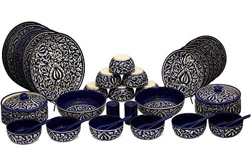 Caffeine Ceramic Handmade Blue Mughal Dinner Set (37 Pieces - Microwave & Dishwasher Safe) - Image 4