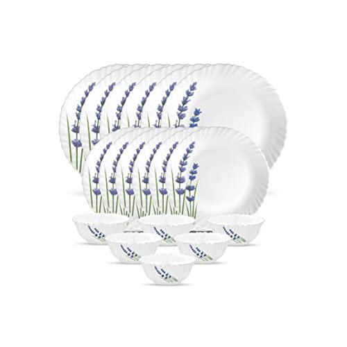 La Opala Novo Collection Opal Glass Crockery | for Family of 6 | Dinner Set 18 pcs English Lavender | Plates & Bowls for Dining | Microwave Safe | 100% Vegetarian | Extra Strong | Light & White