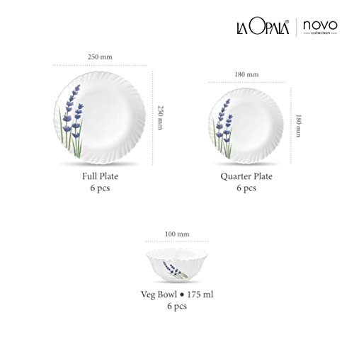 La Opala Novo Collection Opal Glass Crockery | for Family of 6 | Dinner Set 18 pcs English Lavender | Plates & Bowls for Dining | Microwave Safe | 100% Vegetarian | Extra Strong | Light & White - Image 3