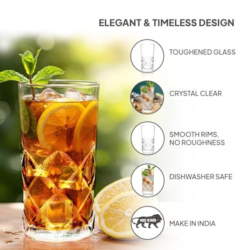 CELLO Old Fashioned Hi-Ball Glass Set of 6 Pcs 275ml, Transparent | Freezer & Fridge Safe, Leadfree Dishwasher Safe Toughened Crystal Clear Glasses Set for Drinking Water Juice Milk Cocktail Mocktail - Image 3