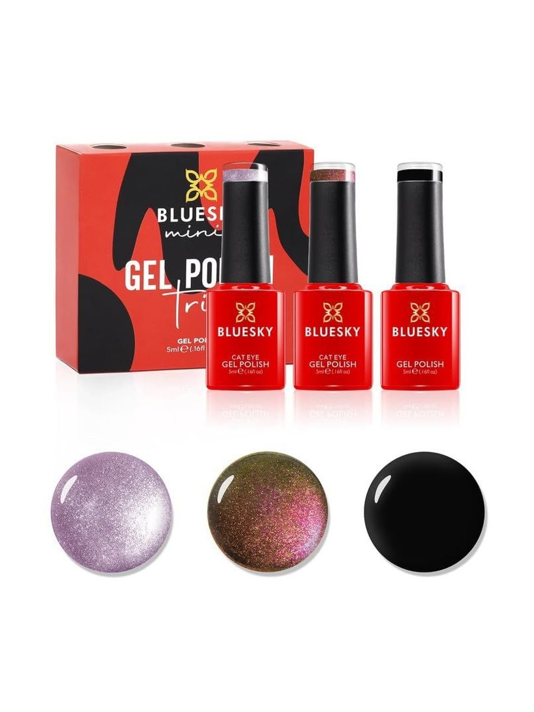 BLUESKY Set Of 3 Gel Nail Polish Mini Cat Eye Queen Mary Chameleon & Black UV Cure 3x5ml
