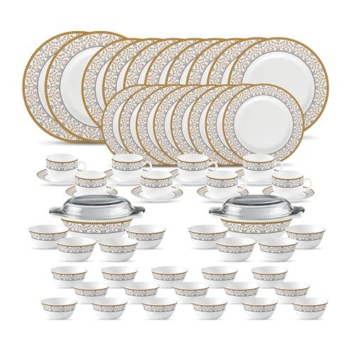 La Opala, Sovrana Collection, Opal Glass Traditional Dinner Set 62 Pcs, Moroccan Gold, White