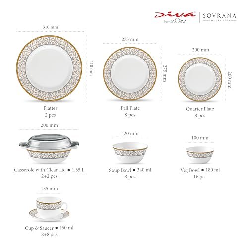 La Opala, Sovrana Collection, Opal Glass Traditional Dinner Set 62 Pcs, Moroccan Gold, White - Image 3