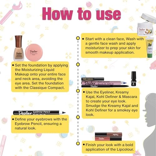 Dazller Mini Glam Kit - 8 in 1, Medium Skin Tone, Contains - Kajal & Kohl, Eyebrow Pencil, Eyeliner, Mascara, Foundation, Compact, Lipcolour (2), 38.45g - Image 3