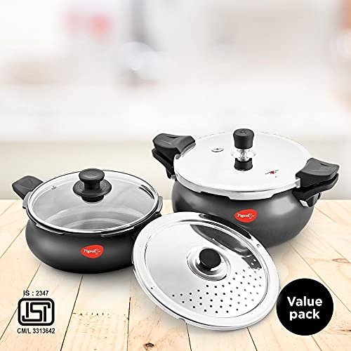 Pigeon All in One Value Pack Hard Anodized Super Cooker with Induction Base Outer Lid, 5 Litre and 3 Litre, 3 Lids (Pressure Lid, Strainer Lid and Serving Lid), Black - Image 2