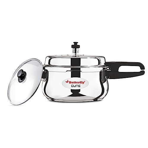 Butterfly Cute 3 Litres Stainless Steel Outer Lid Pressure Cooker with Glass Lid| TRIPLY Base | Induction & Gas Stove Compatible | Triple Safety | ISI Certified | 5 Years Manufacturer's Warranty