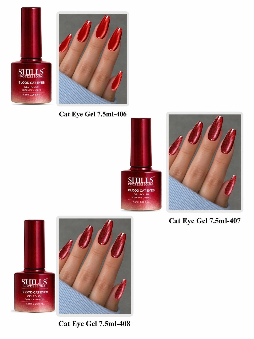 shills professional Set Of 3 Blood Cat Eye Gel Nail Polish - 7.5 ml Each - 406 - 407 - 408 - Image 2