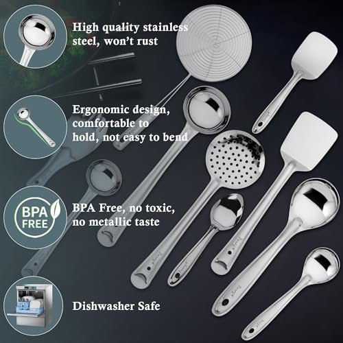 Parage Stainless Steel 10 Pieces Cooking Spoons Set, Contains Ladle, Turner, Strainer, Rice Spoon, Oval Spoon, Serving Spoon, Kitchen Cooking Essential Set for Home, 10 Pcs - Image 3