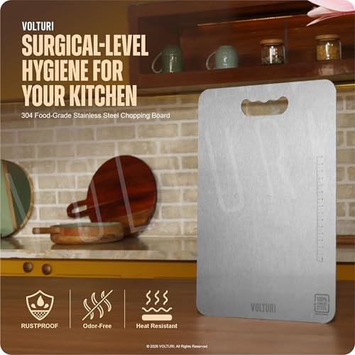 VOLTURI 304 Stainless Steel Chopping Board (32 x 21.5 cm), Upgraded to Surgical-Level Hygiene, Food-Grade, Non-Porous, Rustproof, Heat Resistant Heavy-Duty Cutting Board Built for Daily Indian Cooking - Image 2