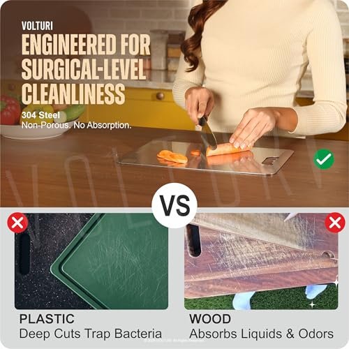 VOLTURI 304 Stainless Steel Chopping Board (32 x 21.5 cm), Upgraded to Surgical-Level Hygiene, Food-Grade, Non-Porous, Rustproof, Heat Resistant Heavy-Duty Cutting Board Built for Daily Indian Cooking - Image 3