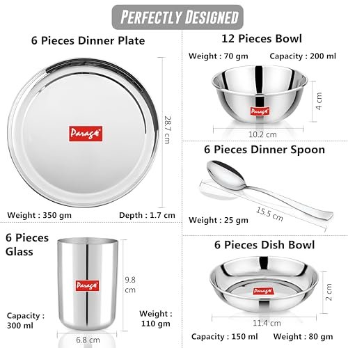 Parage 51 Pieces Heavy Gauge Sanskriti Dinner Set/Premium Dinnerware for Home/Steel Bartan Set for Kitchen, Silver (Serves 6 People),Solid - Image 2