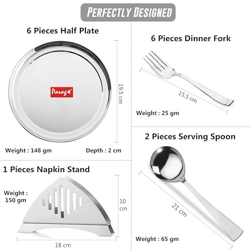Parage 51 Pieces Heavy Gauge Sanskriti Dinner Set/Premium Dinnerware for Home/Steel Bartan Set for Kitchen, Silver (Serves 6 People),Solid - Image 3