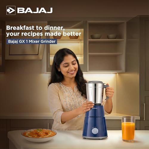 Bajaj GX1 Ninja Series 500W Mixer Grinder With 3 Jars (Stainless Steel Jars) | Superior Mixie For Kitchen | Durable Mixer Grinder | DuraCut Blades | 2 Yrs Warranty 【Blue】 - Image 3