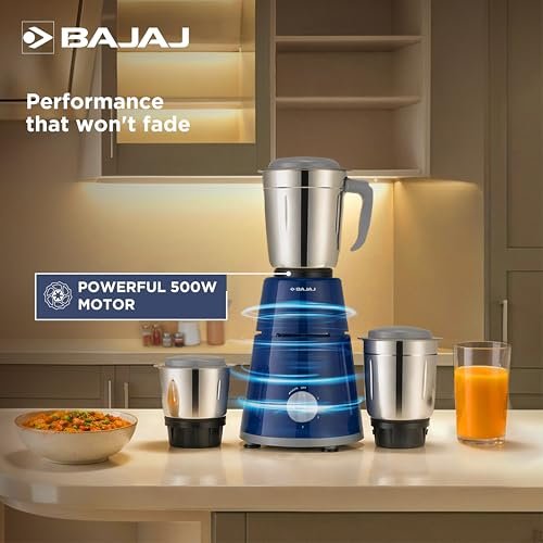 Bajaj GX1 Ninja Series 500W Mixer Grinder With 3 Jars (Stainless Steel Jars) | Superior Mixie For Kitchen | Durable Mixer Grinder | DuraCut Blades | 2 Yrs Warranty 【Blue】 - Image 4