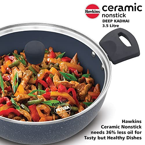 Hawkins Ceramic Nonstick 3.5 Litre Deep Kadhai, Induction Deep Fry Pan with Glass Lid, Granite Kadai (ICK35G) - Image 2