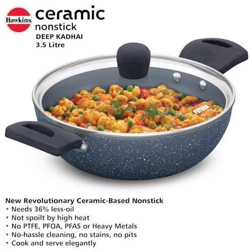 Hawkins Ceramic Nonstick 3.5 Litre Deep Kadhai, Induction Deep Fry Pan with Glass Lid, Granite Kadai (ICK35G) - Image 3