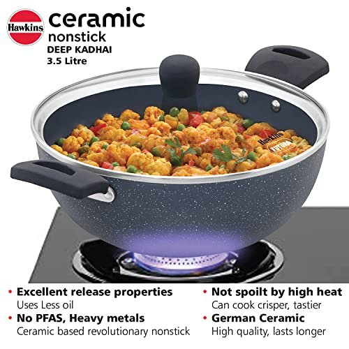Hawkins Ceramic Nonstick 3.5 Litre Deep Kadhai, Induction Deep Fry Pan with Glass Lid, Granite Kadai (ICK35G) - Image 4