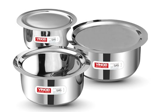Vinod Stainless Steel Tope Set with Lid - 3 Pcs | 1.4, 1.8, & 2.2 litres | Patila Cookware Set Combo, Even Heat, Heavy Sandwich Bottom, Induction Compatible for Boiling and Cooking - 2 Year Warranty