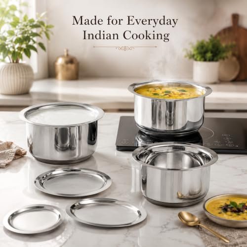 Vinod Stainless Steel Tope Set with Lid - 3 Pcs | 1.4, 1.8, & 2.2 litres | Patila Cookware Set Combo, Even Heat, Heavy Sandwich Bottom, Induction Compatible for Boiling and Cooking - 2 Year Warranty - Image 2