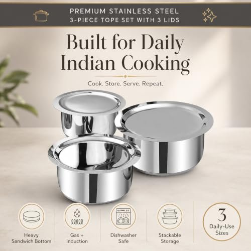 Vinod Stainless Steel Tope Set with Lid - 3 Pcs | 1.4, 1.8, & 2.2 litres | Patila Cookware Set Combo, Even Heat, Heavy Sandwich Bottom, Induction Compatible for Boiling and Cooking - 2 Year Warranty - Image 4