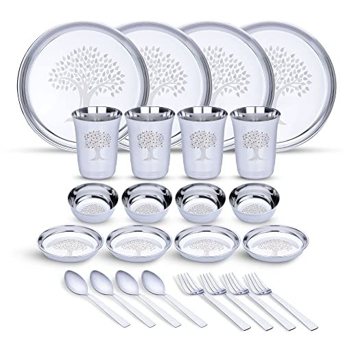 Limetro Steel Stainless Steel Dinner Set for 4 Persons | Complete Indian Thali Set with Plates, Bowls/Katori, Glass, Spoon & Fork | Tree Design Steel Dinnerware for Home (Set of 24- Serves 4)
