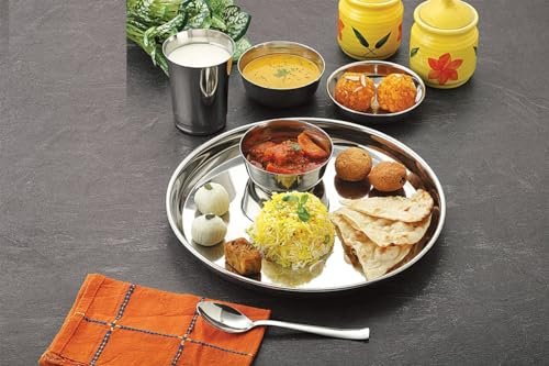 Limetro Steel Stainless Steel Dinner Set for 4 Persons | Complete Indian Thali Set with Plates, Bowls/Katori, Glass, Spoon & Fork | Tree Design Steel Dinnerware for Home (Set of 24- Serves 4) - Image 2