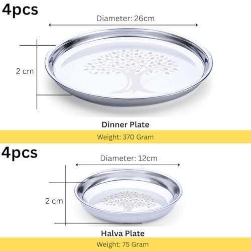 Limetro Steel Stainless Steel Dinner Set for 4 Persons | Complete Indian Thali Set with Plates, Bowls/Katori, Glass, Spoon & Fork | Tree Design Steel Dinnerware for Home (Set of 24- Serves 4) - Image 3
