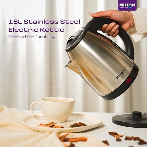 Milton Rapid Electric Kettle 1.8L | 1500 Watts | Stainless Steel Hot Water portable Electric Kettle for Home, Office | Auto Shut-Off with Wide Mouth | Cool-touch Handle and Single-Touch Lid Lock - Image 2