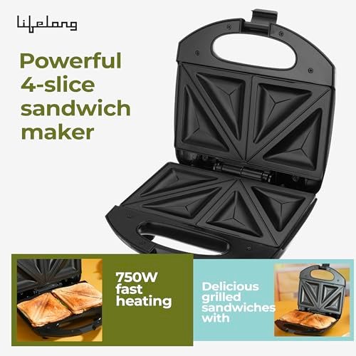 Lifelong 750W 4-Slice Sandwich Maker for Grilling & Toasting | Non-Stick Dual Grill Plates | Quick & Even Heating | Cool Touch Handle with Press Lock | Smart Light Indicator | Easy to Clean (Black) - Image 2