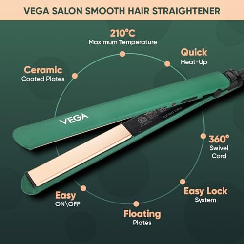 Vega Salon Smooth Hair Straightener for Women with Ceramic Coated Plates, Quick Heatup & Travel Friendly, Travel Lock, Suitable for All Hair Types, 1 Year Warranty, Green (VHSH-42) - Image 2