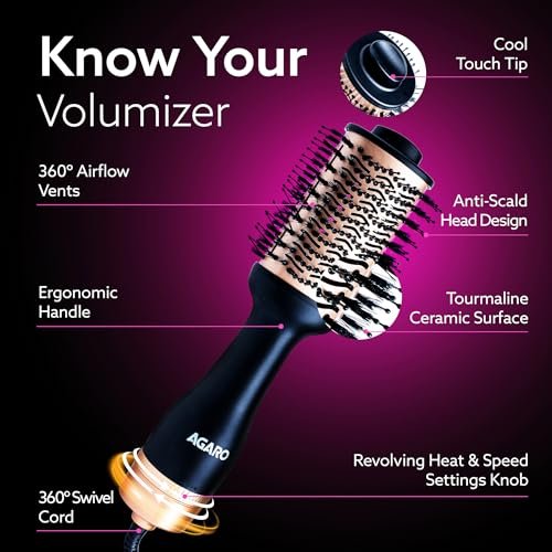 AGARO Hot Air Brush for Hair, Blow Dryer Brush, Volumizer & Styler, 360° Air flow Vent, Oval Barrel for Hair Volume, Charcoal Bristles, Ceramic Coating Brushing Head, 1200W, Gold & Black HV2179 - Image 3