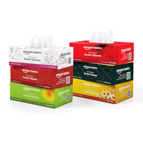 Amazon Basics 2 Ply Facial Tissue Box | 600 Sheets | 100 Sheets X Pack of 6 | Home | Soft & Highly Absorbent Tissues