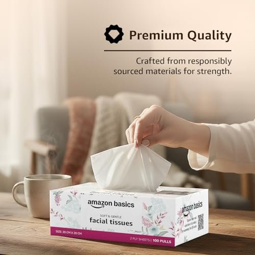 Amazon Basics 2 Ply Facial Tissue Box | 600 Sheets | 100 Sheets X Pack of 6 | Home | Soft & Highly Absorbent Tissues - Image 2