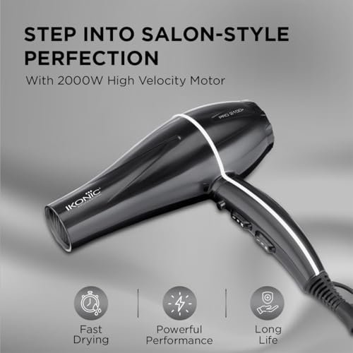 Ikonic Professional Pro 2100+ Hair Dryer 2000 Watts, Black, 3 Heat And 2 Speed Settings, Cool Shot, Low Noise Function Interchangeable Nozzles, Professional Styling, For Both Men And Women, Suitable For All Hair Types, 1 Yr Warranty Black - Image 2