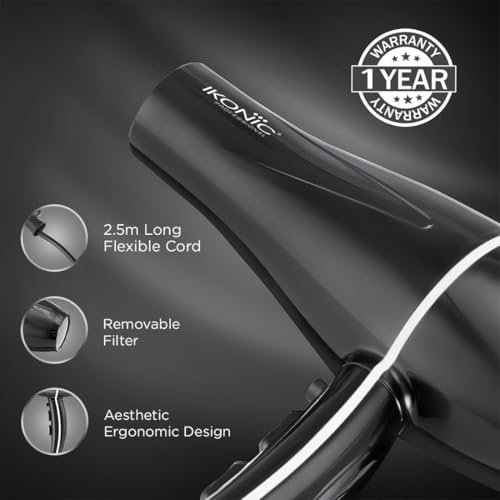 Ikonic Professional Pro 2100+ Hair Dryer 2000 Watts, Black, 3 Heat And 2 Speed Settings, Cool Shot, Low Noise Function Interchangeable Nozzles, Professional Styling, For Both Men And Women, Suitable For All Hair Types, 1 Yr Warranty Black - Image 4
