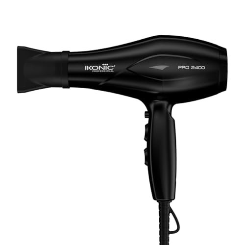 Ikonic Professional Pro 2400 Hair Dryer For Women & Men, 2200W High-Power Ac Motor, Ionic Hair Dryer With 3 Heat & 2 Speed Settings, Cool Shot, 2 Concentrator Nozzles, Fast Drying, Frizz Control, Black